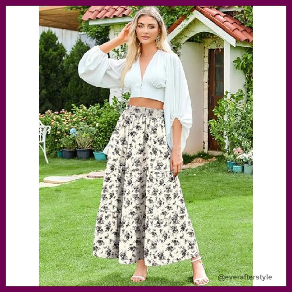 Boho Maxi Skirt Flowy Pleated Tiered High Waist Elastic A-Line Summer - Picture 5 of 8